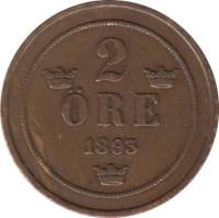 (1893) Монета Швеция 1893 год 2 эре   Бронза  VF
